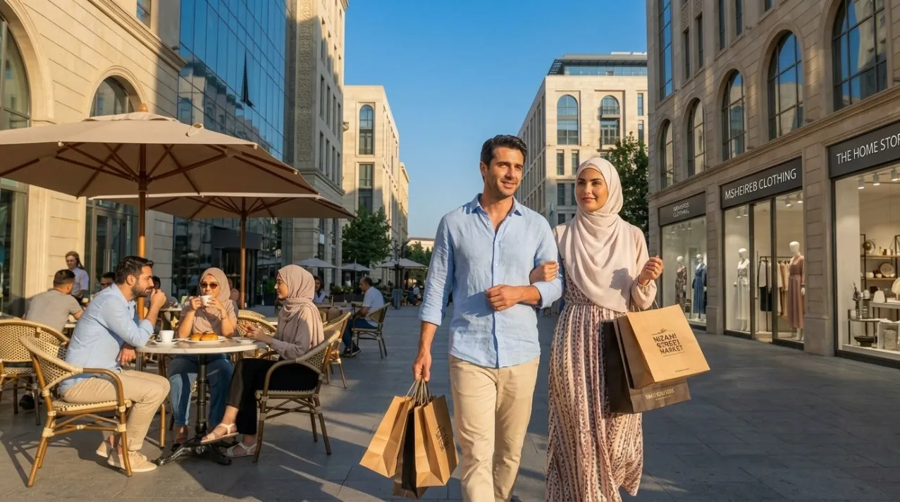 couple se promenant dans les rue commercial de Bakou représentant le coût de la vie en Azerbaïdjan