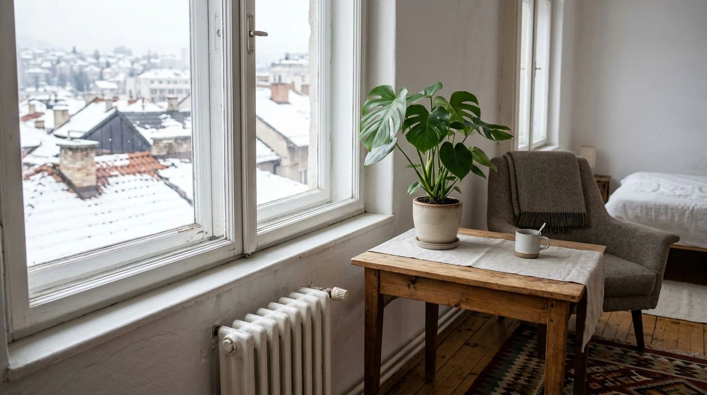 Coût de la vie en Bosnie : appartement lumineux avec radiateur et toits enneigés de Sarajevo