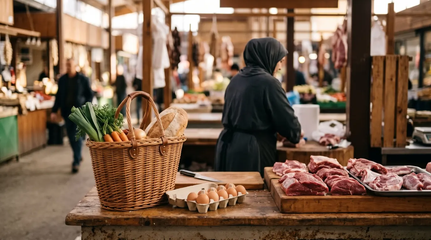 Coût de la vie en Bosnie : bouchère voilée sur un marché, avec pain, légumes, œufs et viande fraîche