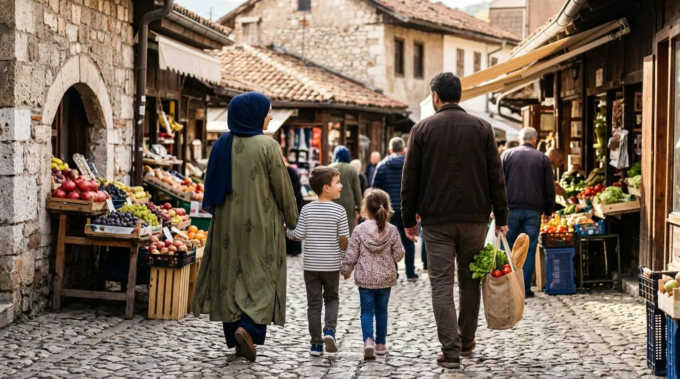 Coût de la vie en Bosnie : famille musulmane au marché de la vieille ville de Sarajevo