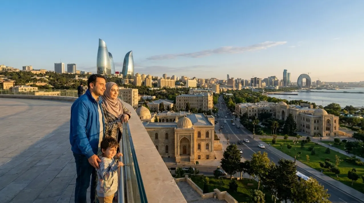couple ayant déménager en Azerbaïdjan contemplant l'horizon de leur nouvelle vie.