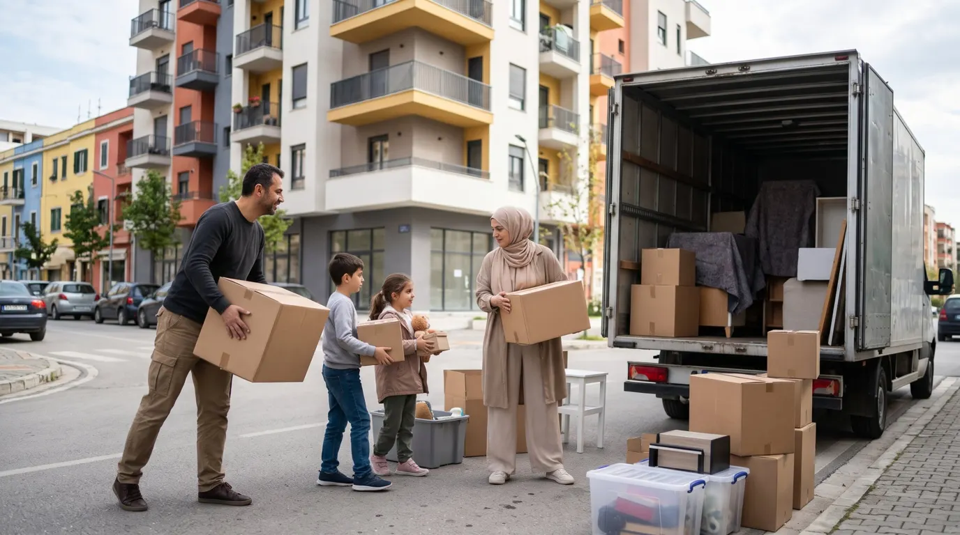 Déménager en Albanie : famille musulmane qui décharge un camion de déménagement à Tirana