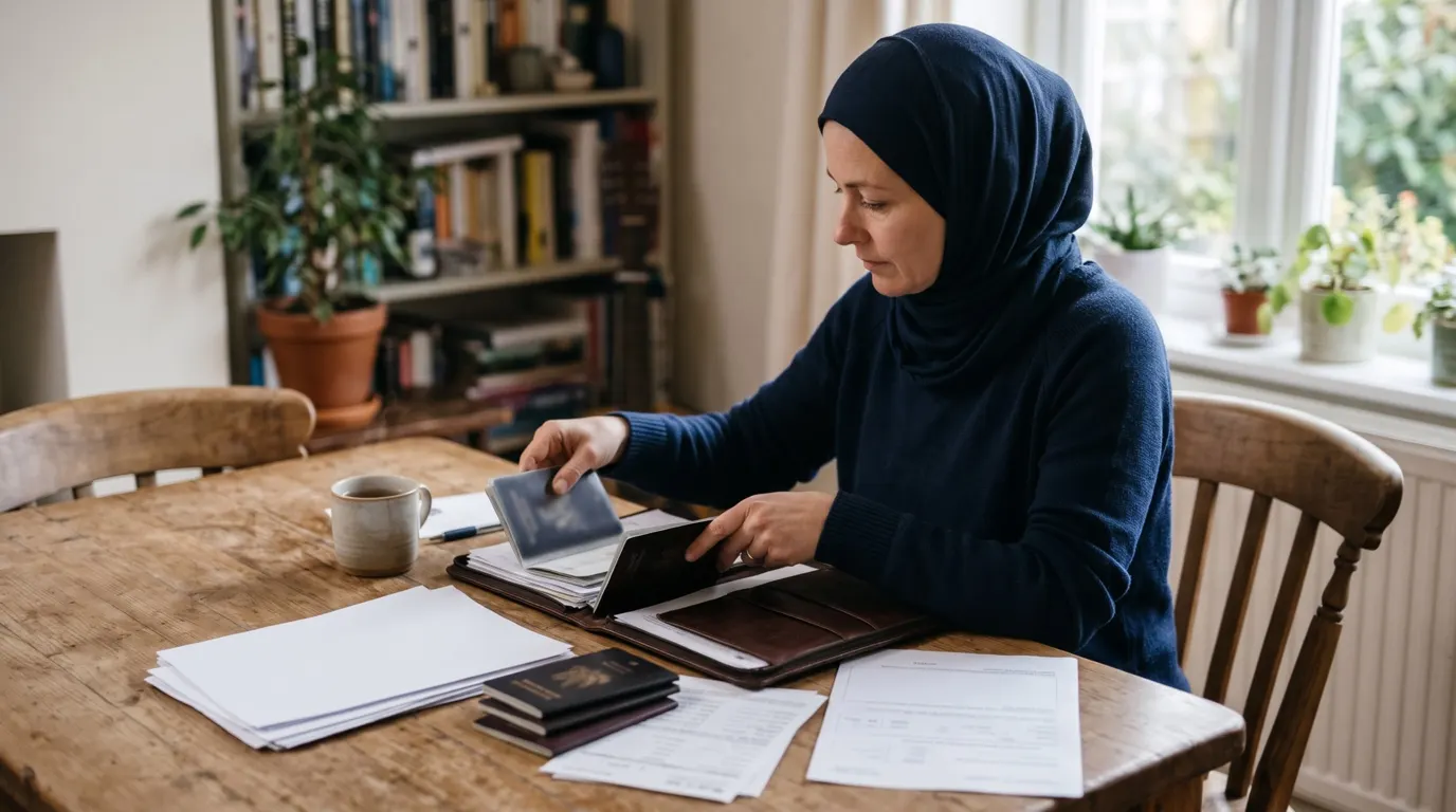 Déménager en Albanie : femme voilée qui range passeports et documents officiels