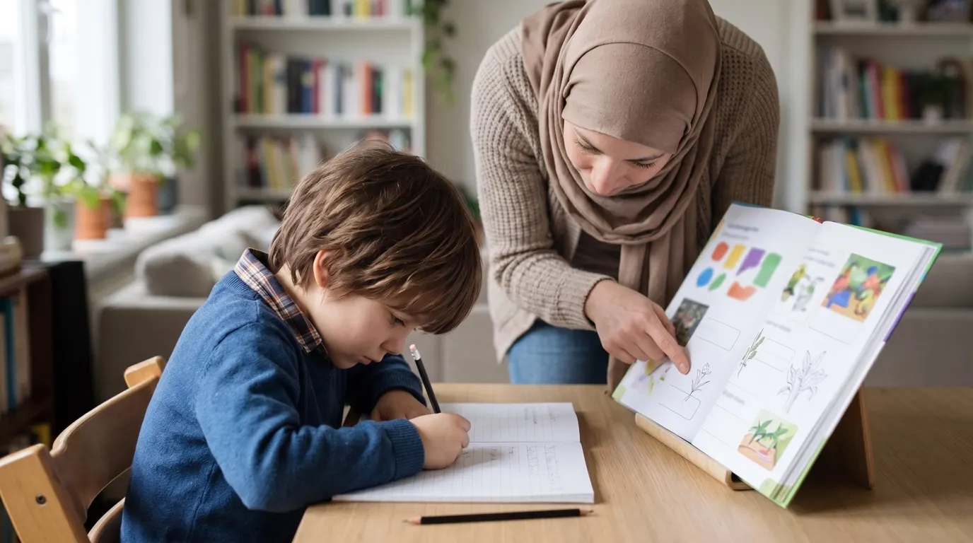 Déménager en Albanie : mère voilée qui aide son fils à faire ses devoirs