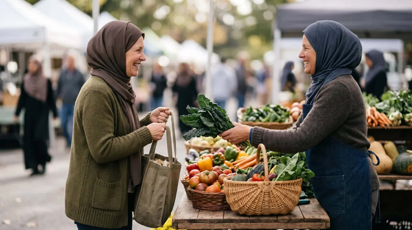 Déménager en Albanie : femmes voilées qui échangent sur un marché de légumes