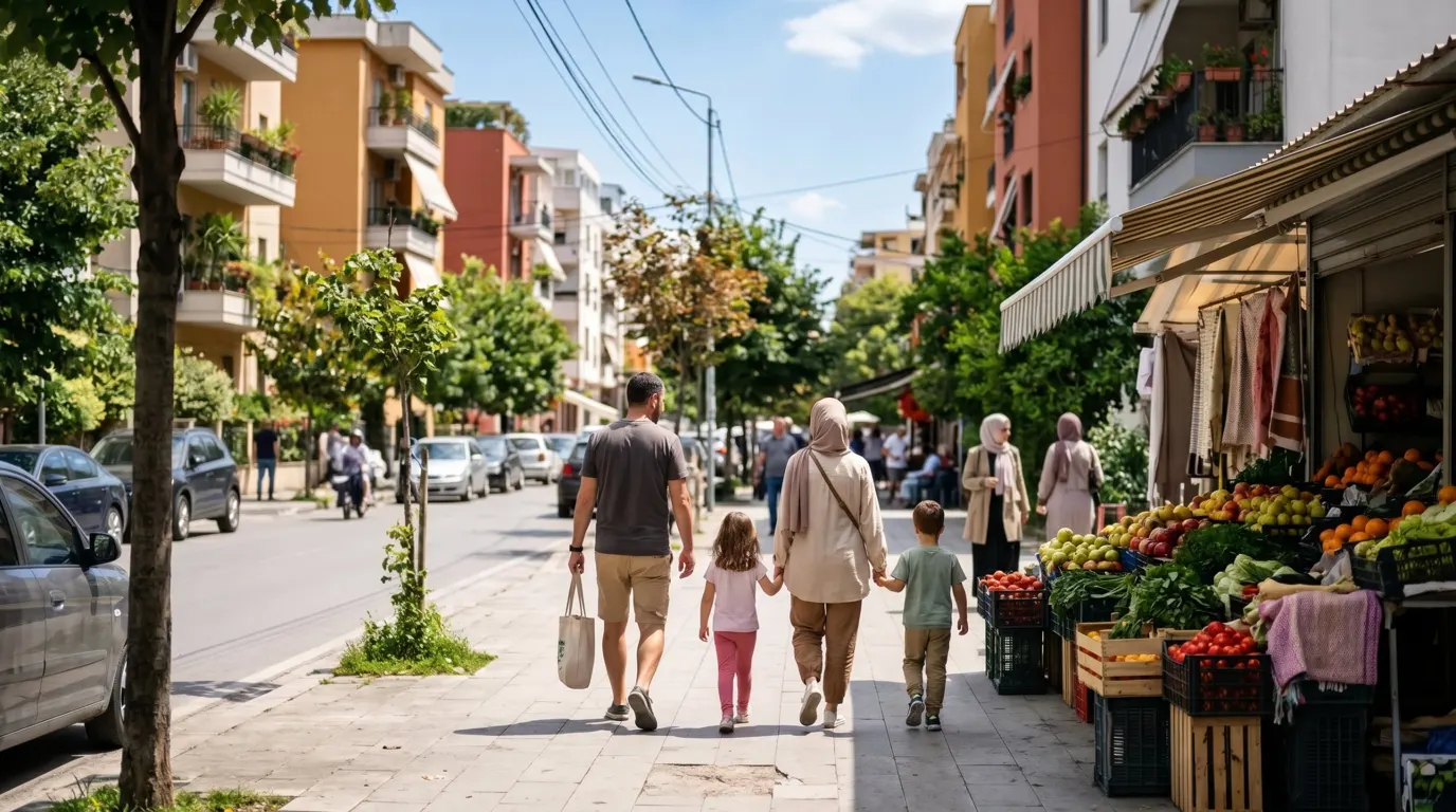 Déménager en Albanie : famille musulmane dans une rue commerçante de Tirana