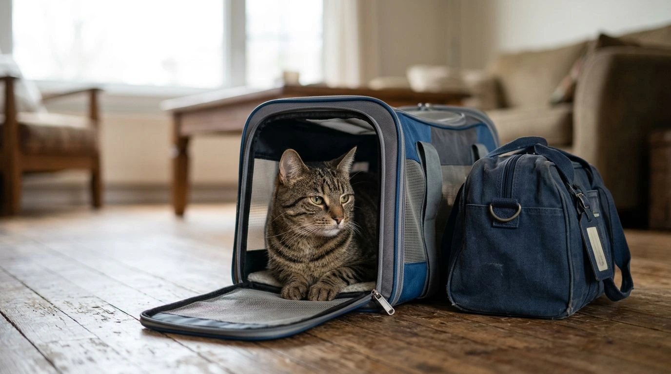 Déménager en Bosnie avec un chat : chat tigré dans sa caisse de transport près d'un sac de voyage