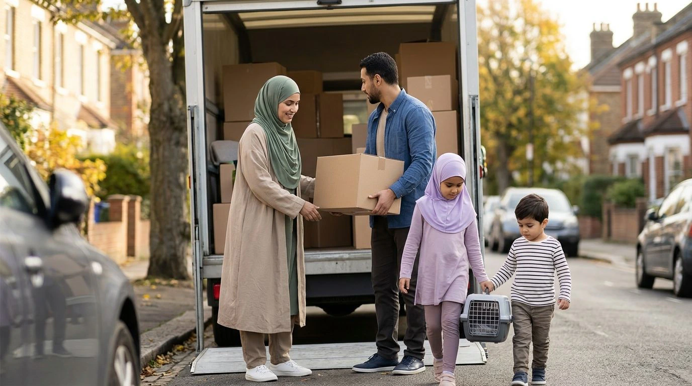 Déménager en Bosnie : une famille musulmane, mère voilée, charge les cartons et la caisse du chat dans un camion
