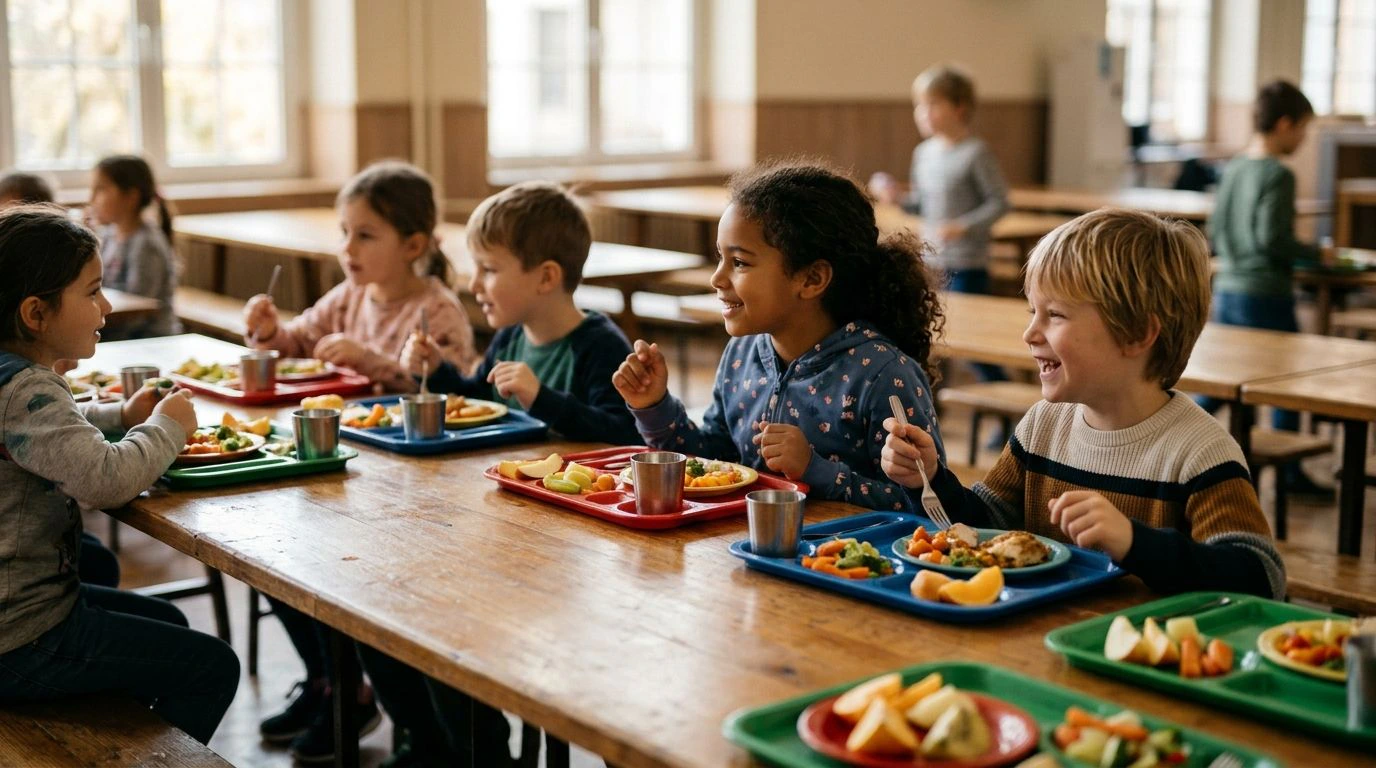 Enfants déjeunant à la cantine scolaire, éducation en Albanie