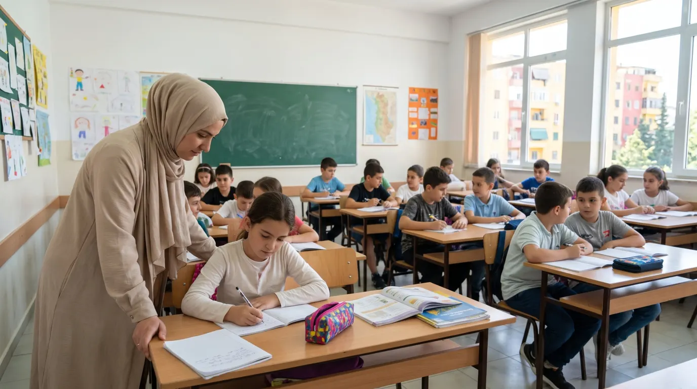 Enseignante voilée aidant une élève dans une salle de classe, éducation en Albanie