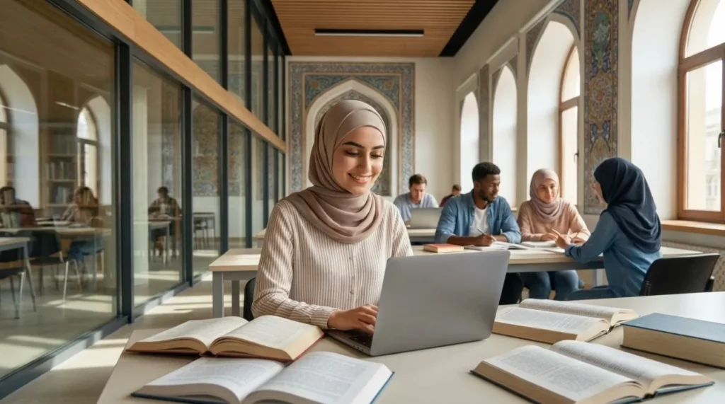 jeune fille en pleine revision de ses cours dans une bibliothèque éducation en azebaïdjan