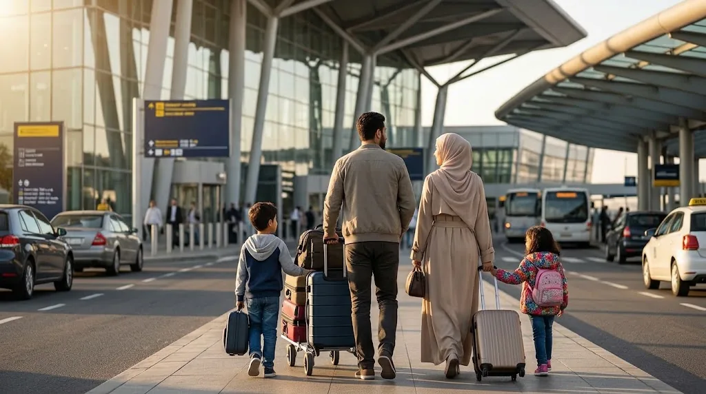 Définition de la hijra aujourd'hui : famille musulmane avec ses bagages devant un aéroport