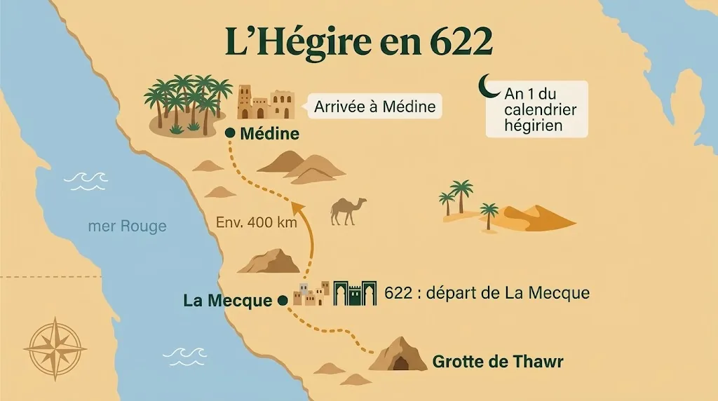 Hijra définition : carte de l'Hégire en 622, de La Mecque à Médine via la grotte de Thawr