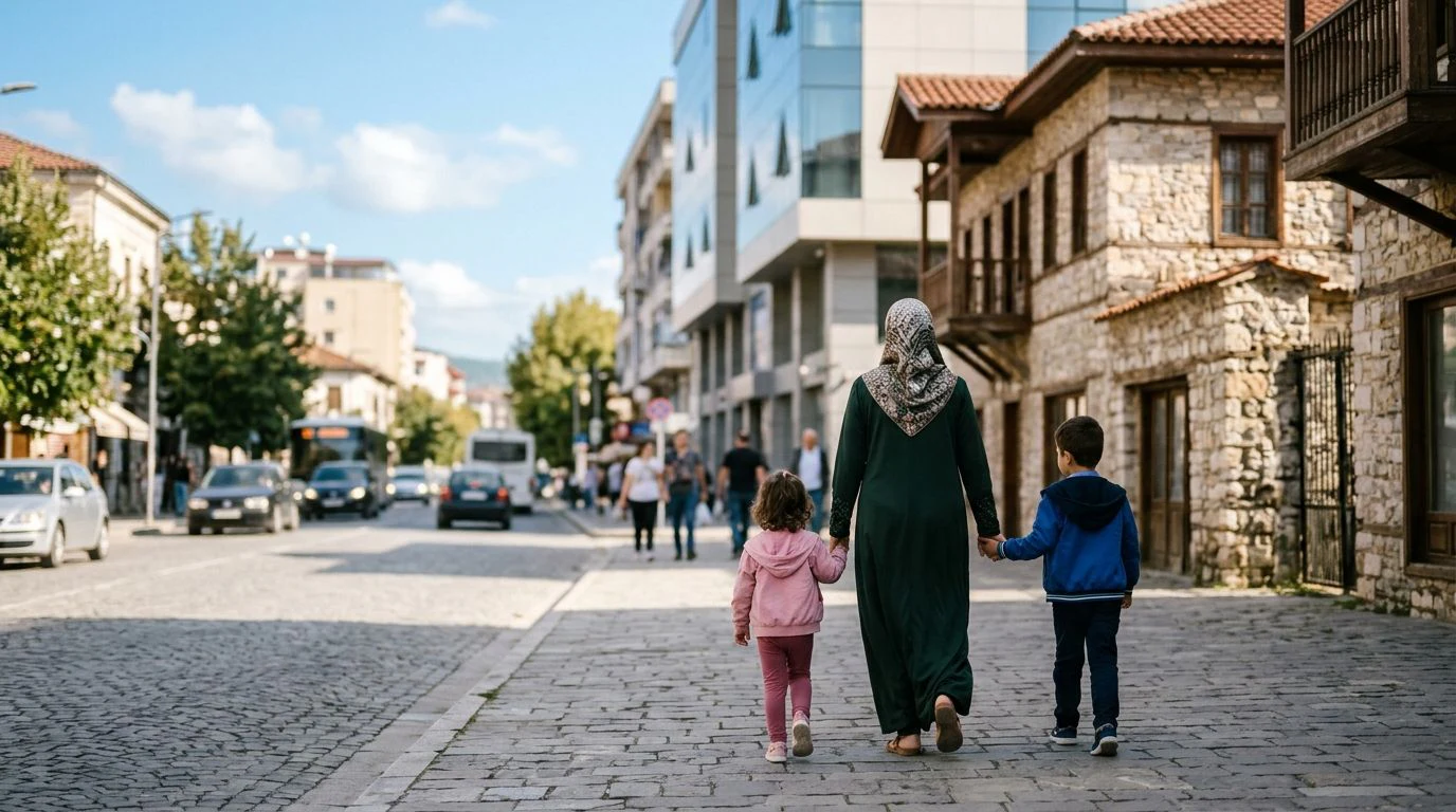 Histoire de l'Albanie : mère voilée et ses enfants dans une rue aux maisons ottomanes