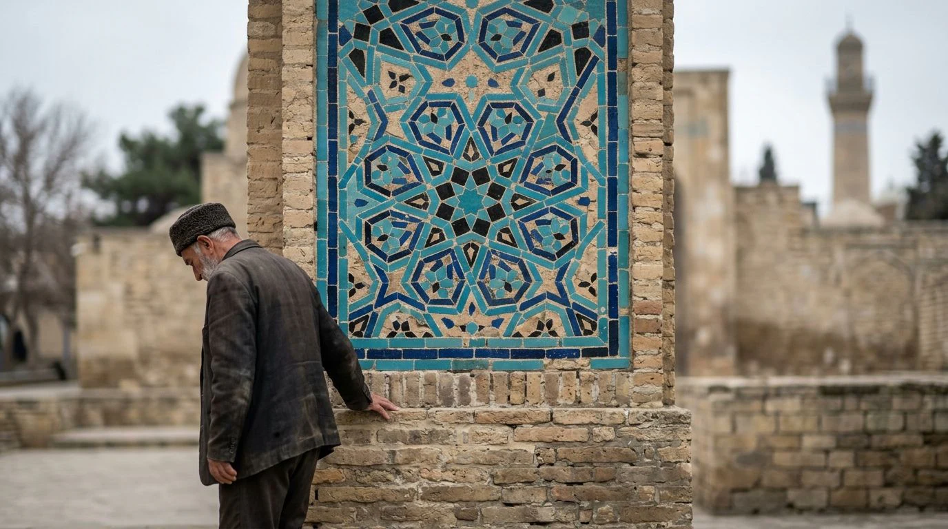 Histoire de l'Azerbaïdjan : homme âgé devant un panneau de céramiques islamiques dans la vieille ville de Bakou