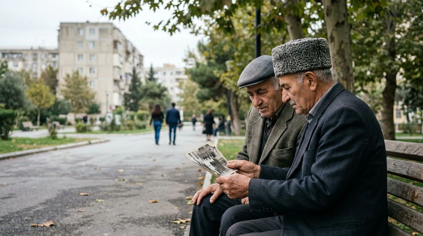 Histoire de l'Azerbaïdjan : deux anciens lisant le journal devant des immeubles de l'époque soviétique