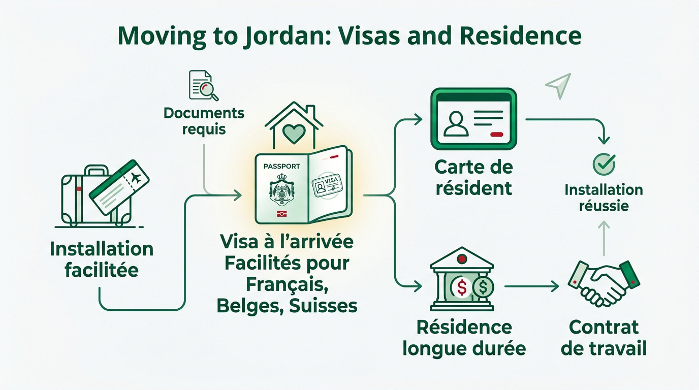 Infographie expliquant les procédures de visa et de résidence pour déménager en Jordanie