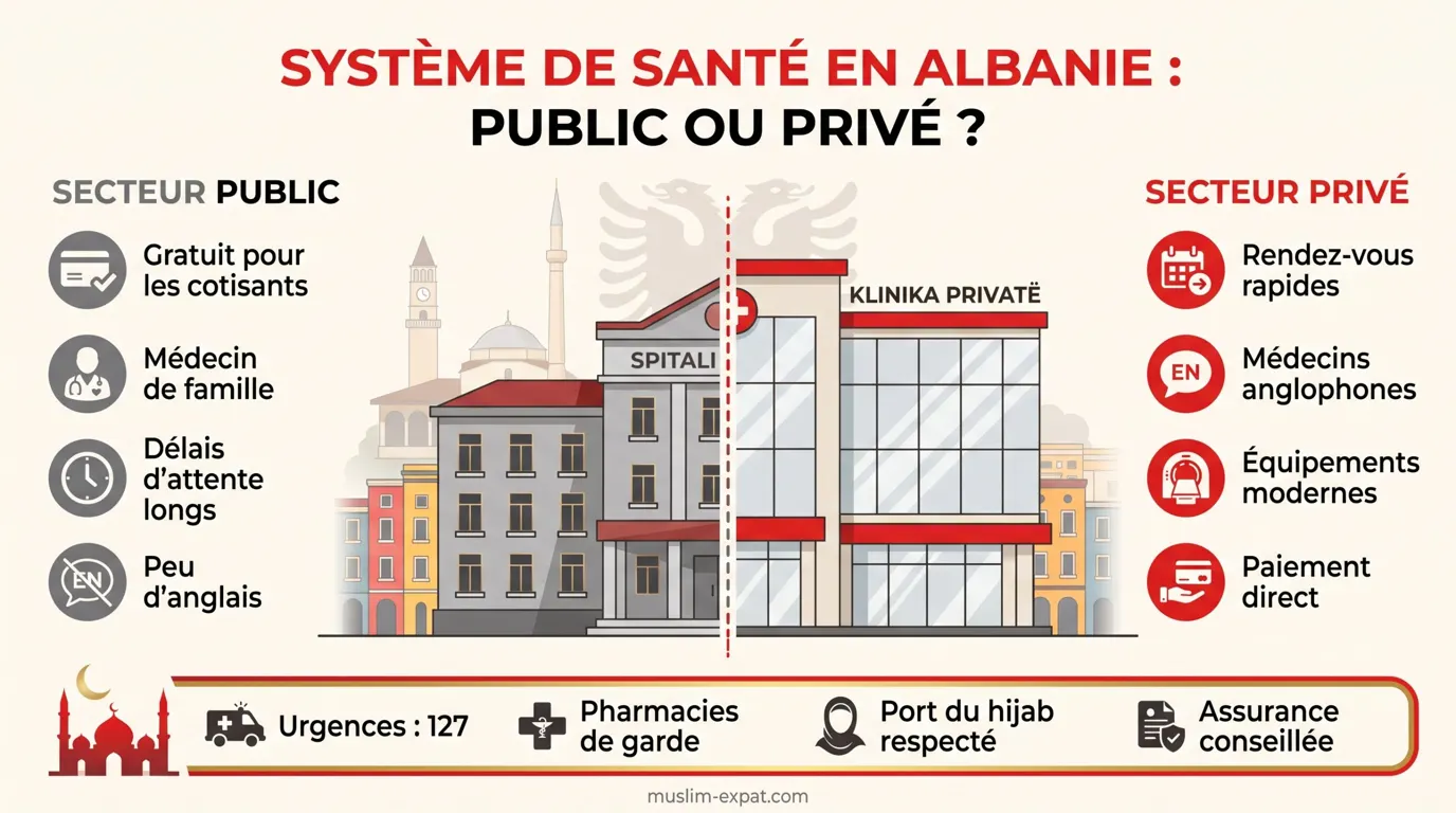 Infographie du système de santé en Albanie : secteur public ou privé
