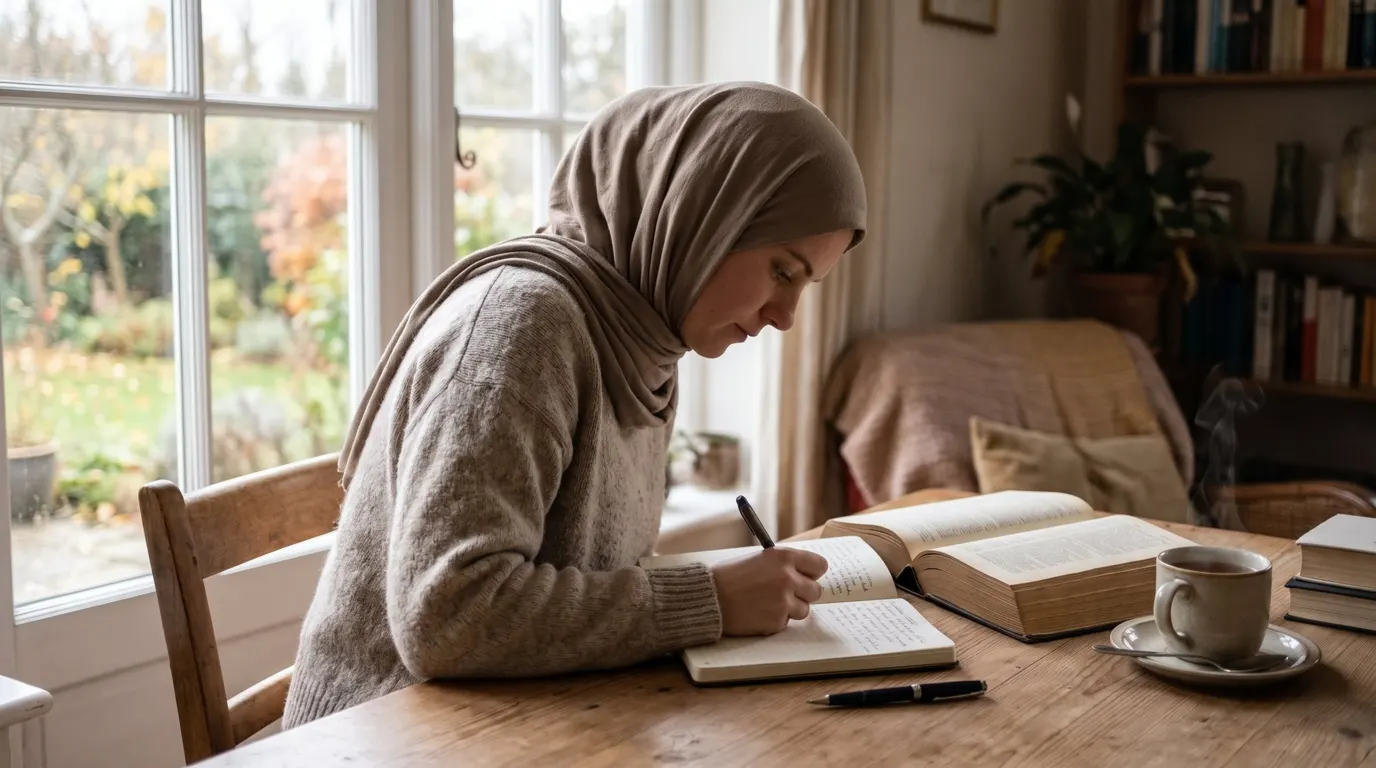 Langue en Albanie : femme voilée qui apprend l'albanais avec un carnet et un dictionnaire