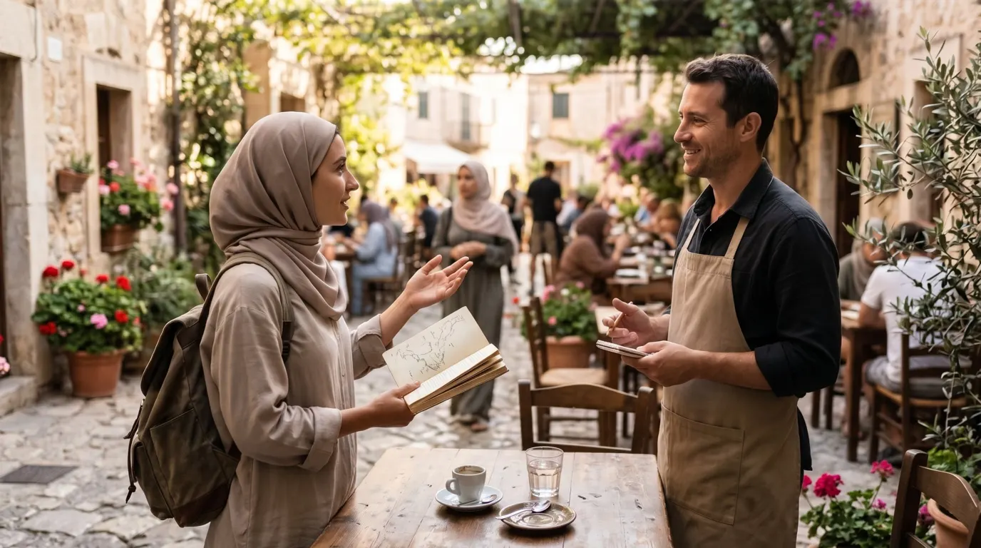 Langue en Albanie : femme voilée qui commande à la terrasse d'un café avec un guide de conversation