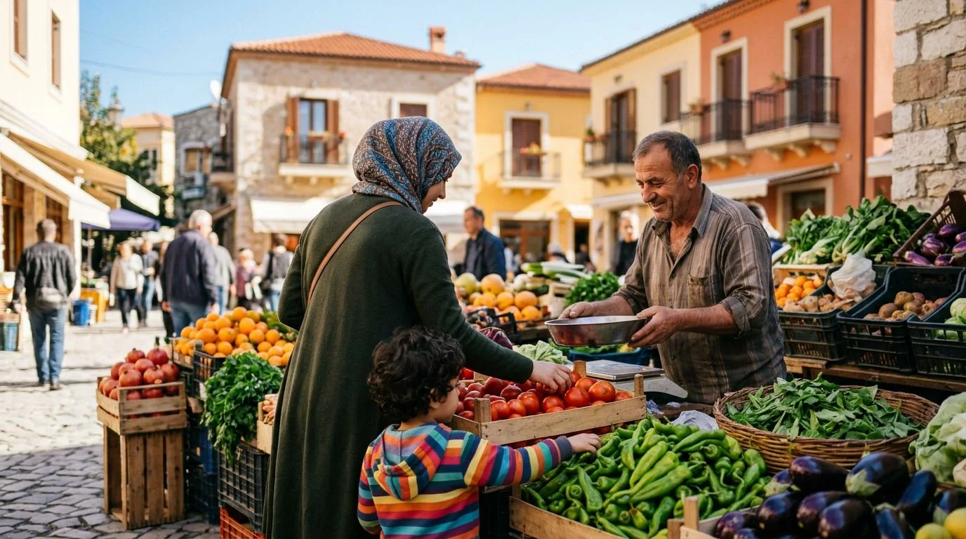 Langue en Albanie : femme voilée et son enfant au marché, face à un vendeur