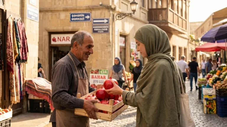 Langue en Azerbaïdjan : une femme voilée achète des grenades sous des panneaux de rue en azéri à Bakou
