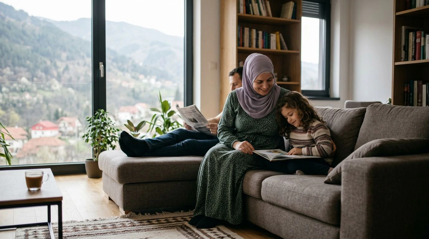 Logement en Bosnie : mère voilée et sa fille dans le salon d'un appartement avec vue sur les collines