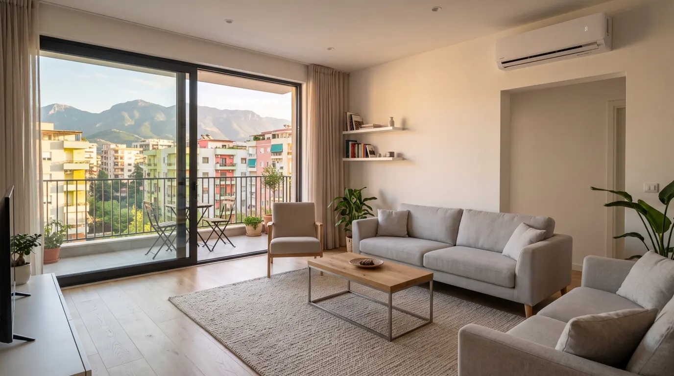Logement en Albanie : salon d'un appartement récent à Tirana avec balcon, climatisation et vue sur les montagnes