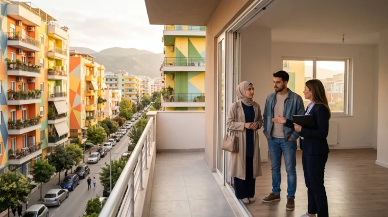 Logement en Albanie : un couple dont la femme est voilée visite un appartement avec balcon à Tirana avec une agente immobilière