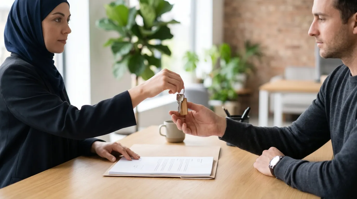 Logement en Bosnie : femme voilée qui remet les clés d'un logement après la signature