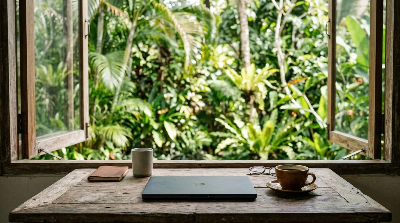 Meilleur pays pour la hijra en Asie du Sud-Est : bureau de télétravail face à un jardin tropical