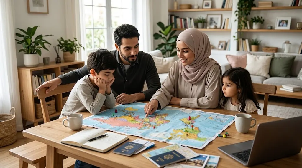 Meilleur pays pour la hijra : famille musulmane qui choisit son pays d'installation sur une carte du monde