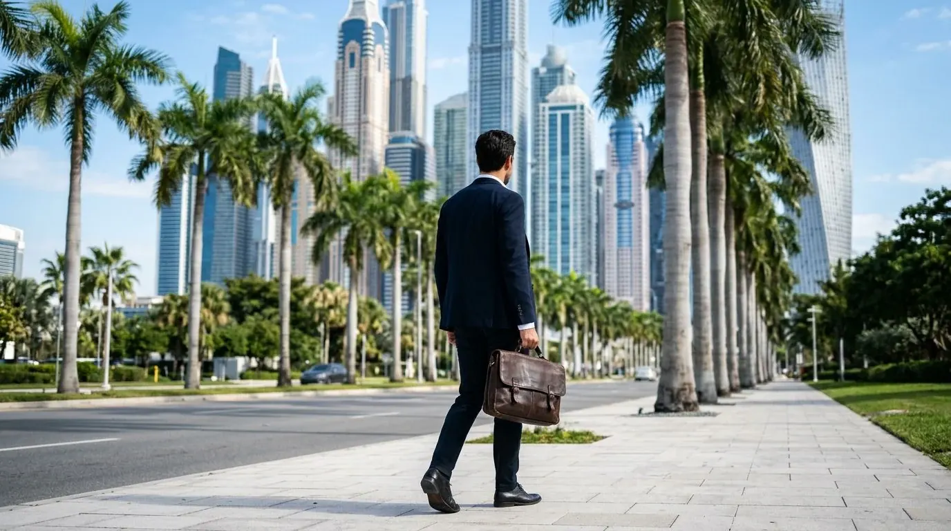 Meilleur pays pour la hijra dans le Golfe : expatrié en costume sur une avenue de Dubaï bordée de gratte-ciel