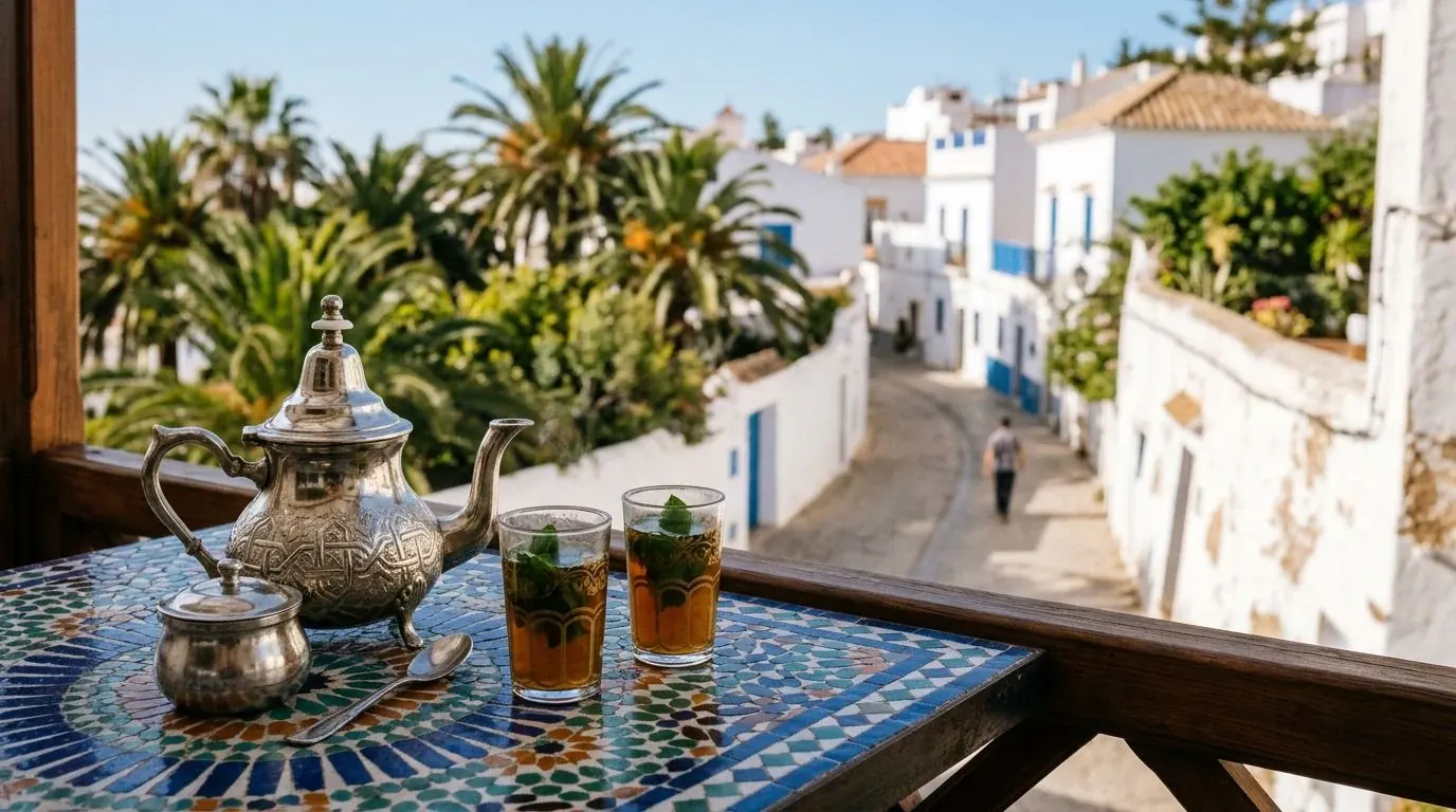 Meilleur pays pour la hijra au Maghreb : thé à la menthe sur une table en mosaïque face à une ruelle blanche