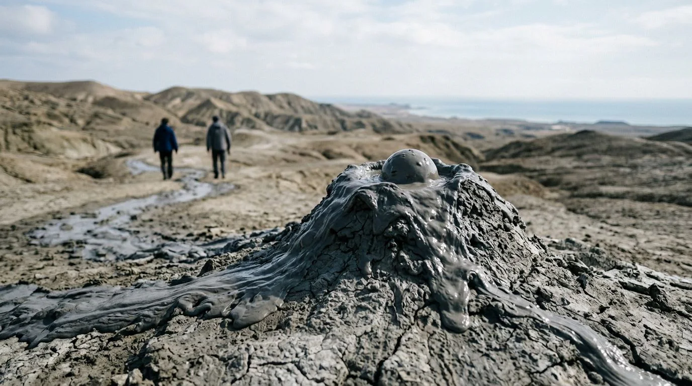 Volcan de boue grise à Gobustan avec deux marcheurs au loin et la mer Caspienne à l’horizon