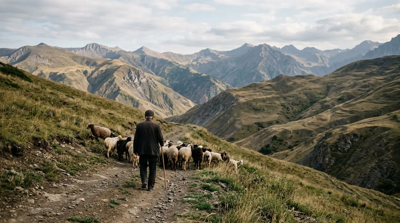 Berger et son troupeau de moutons sur un sentier de montagne du Grand Caucase en Azerbaïdjan
