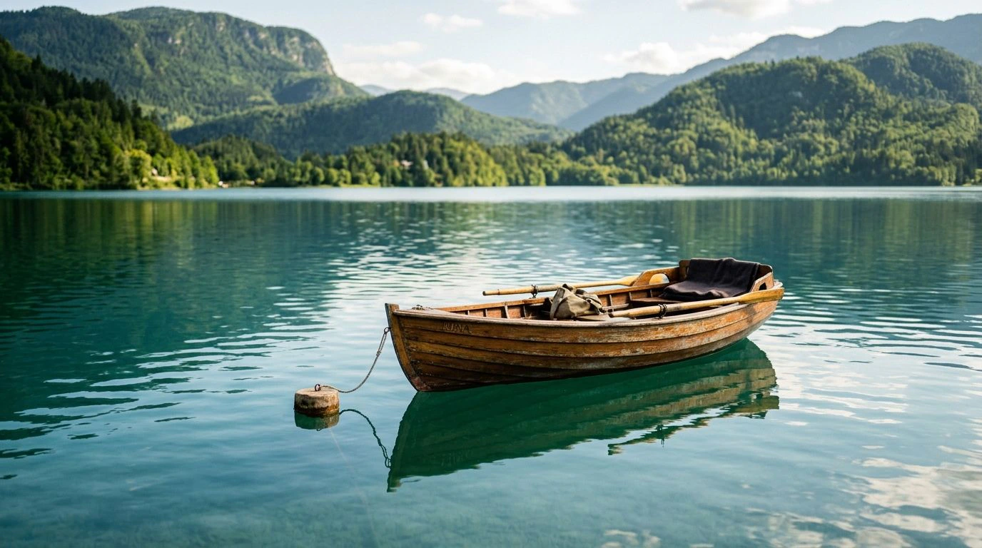 Plus beau paysage en Albanie : barque en bois sur un lac aux eaux transparentes