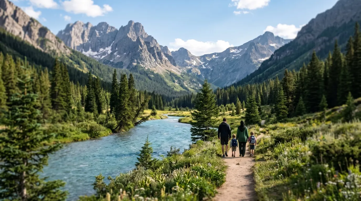 Plus beau paysage en Albanie : famille musulmane au bord d'une rivière de montagne