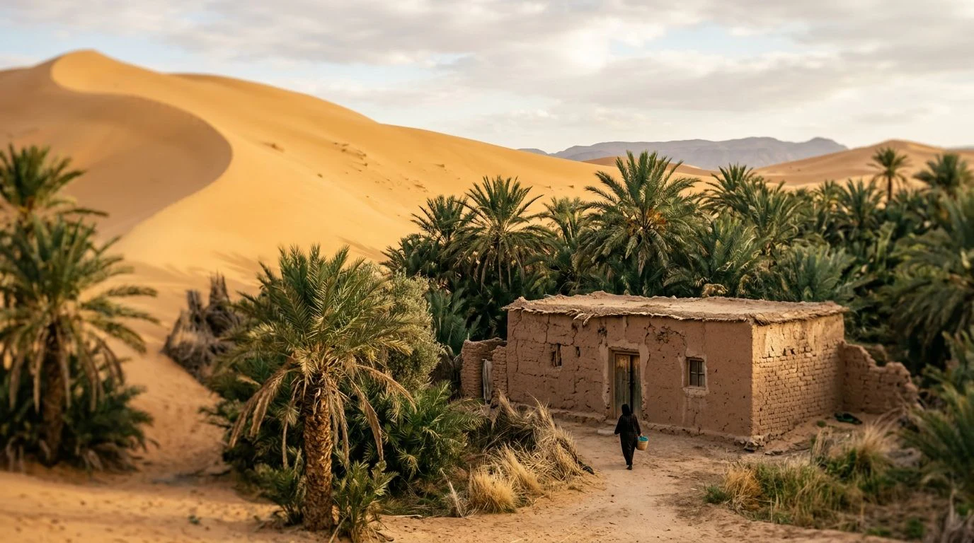 Maison en terre dans une palmeraie au pied des dunes, paysages en Algérie