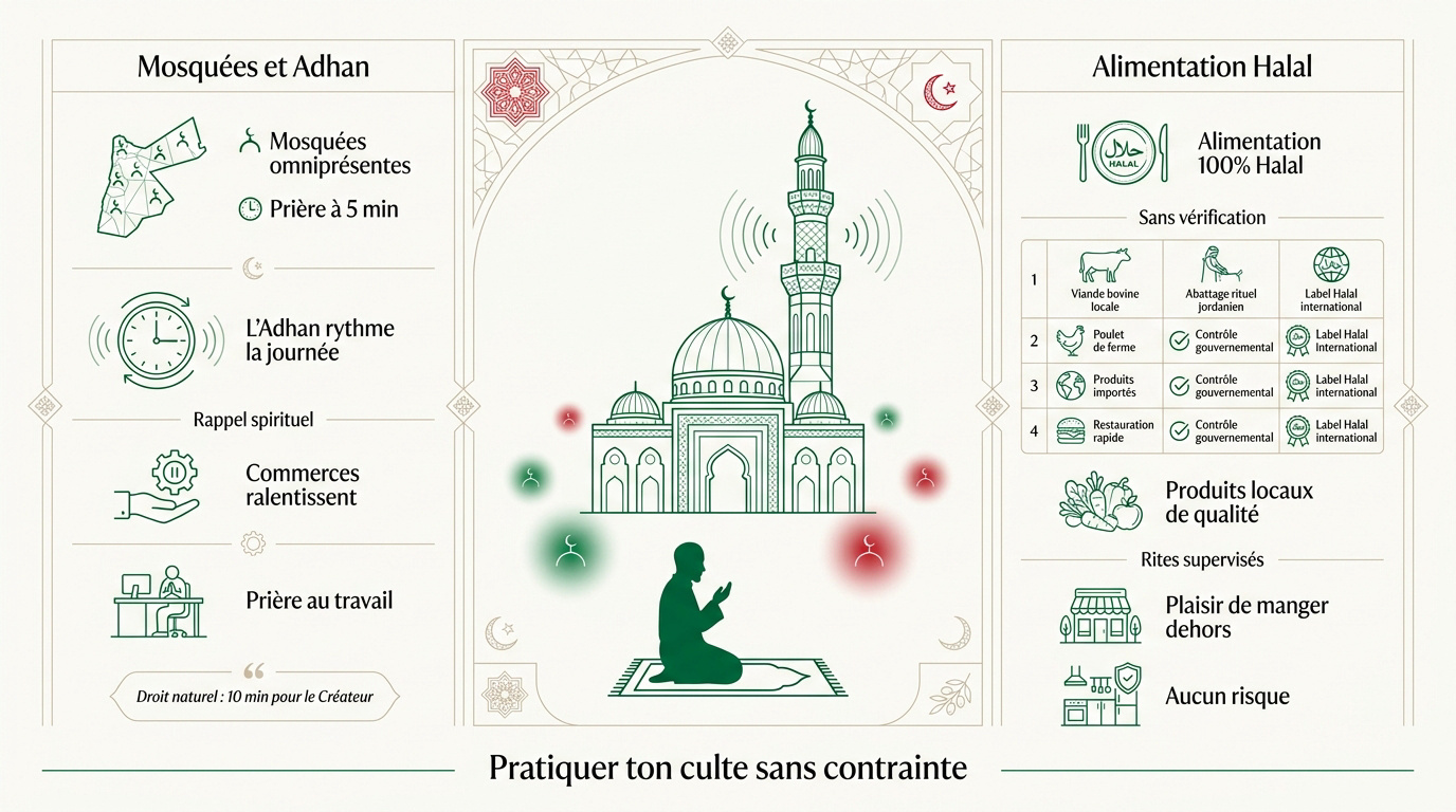 Une mosquée majestueuse à Amman sous un ciel clair, illustrant la pratique religieuse sereine en Jordanie
