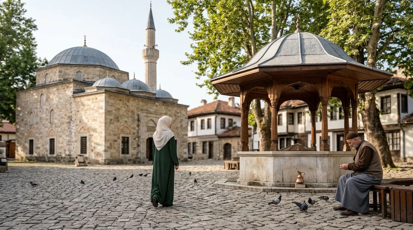 Religion en Bosnie : mosquée de style ottoman avec son minaret et sa fontaine en bois sur une place pavée