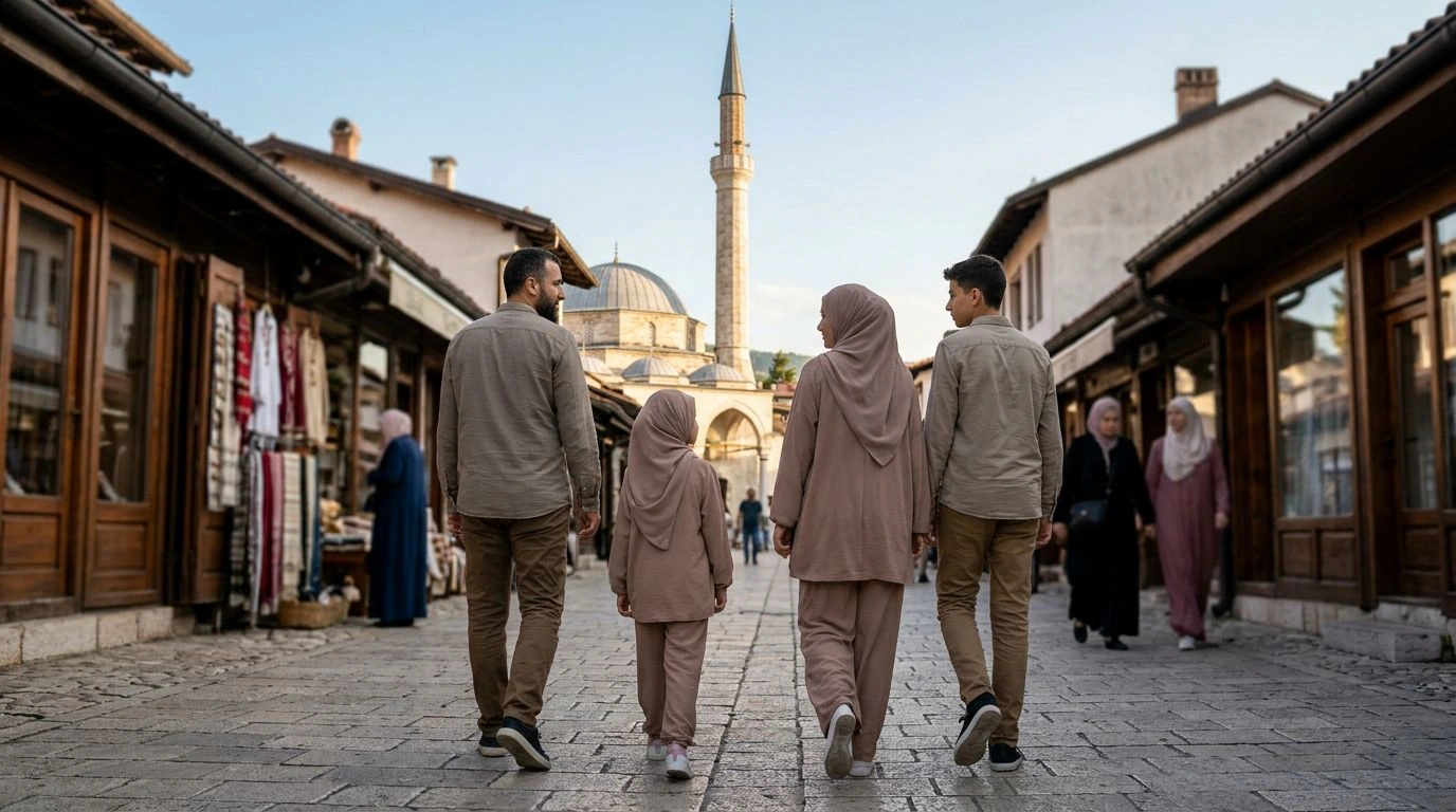 Religion en Bosnie : famille musulmane, femmes voilées, dans une rue pavée de Sarajevo avec une mosquée