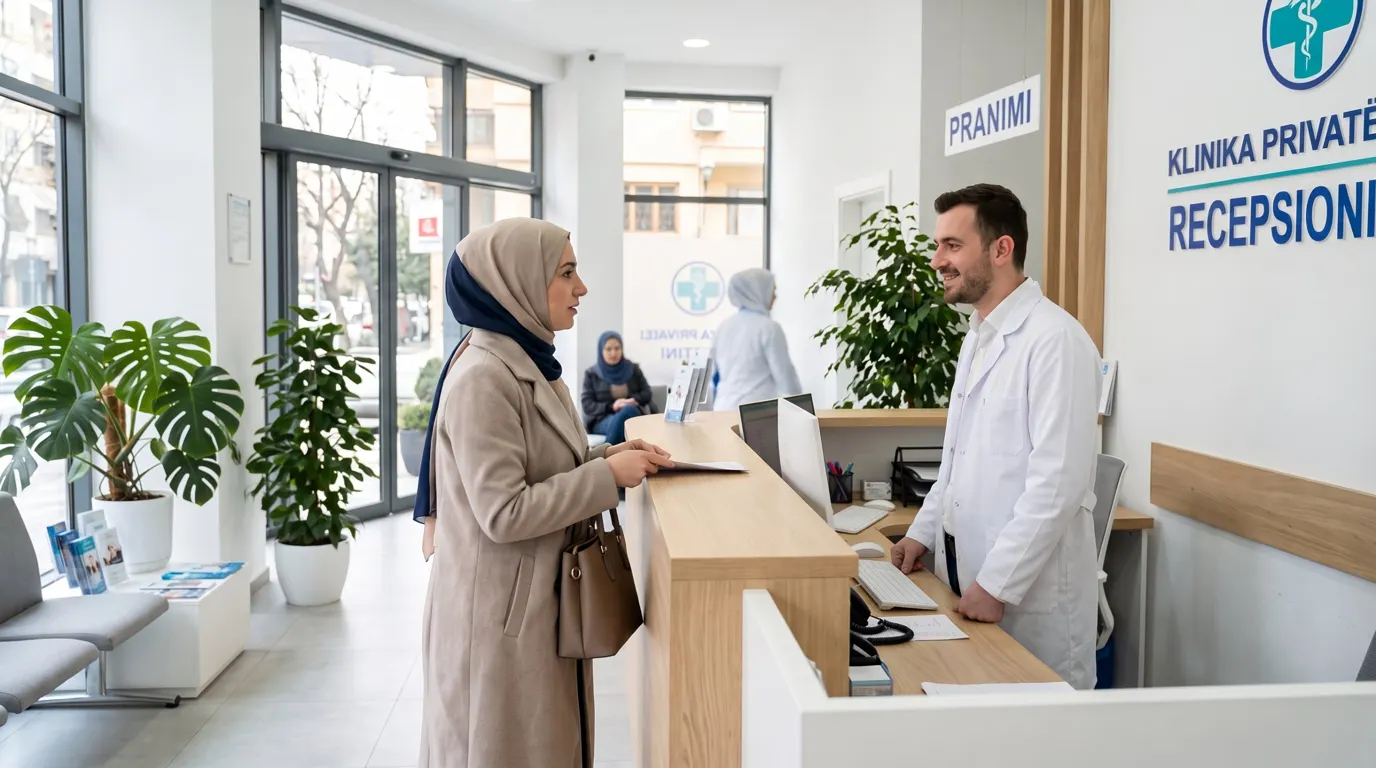 Accueil d'une clinique privée à Tirana, système de santé en Albanie
