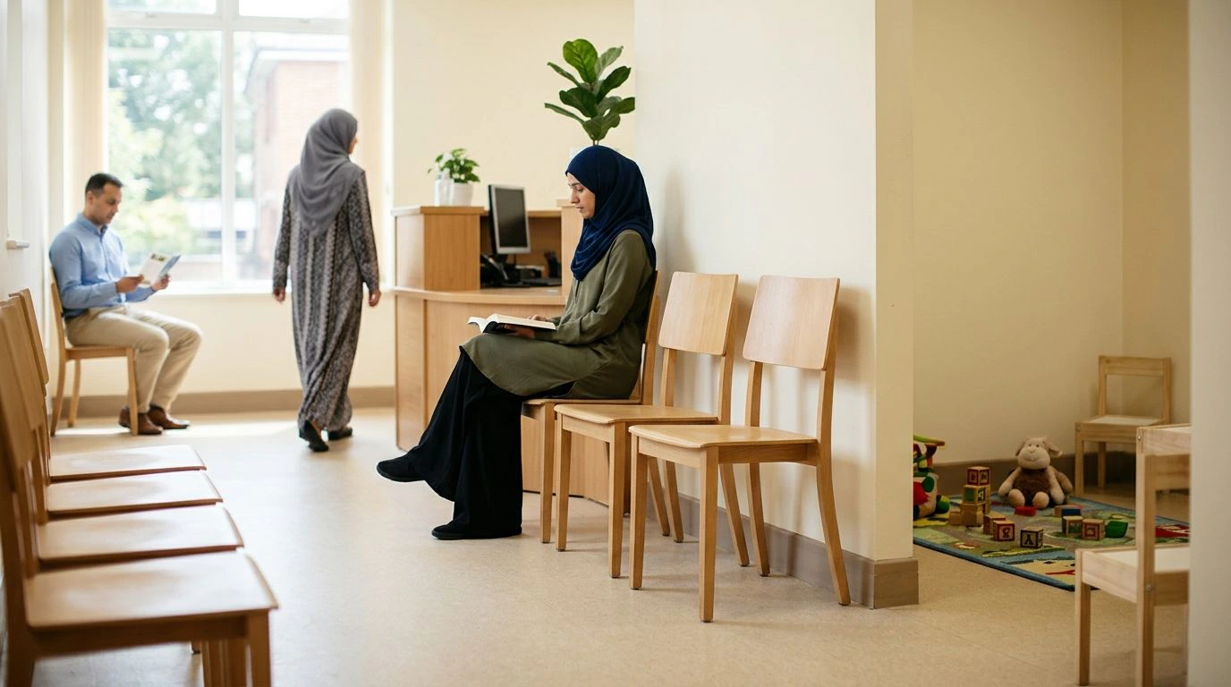 Système de santé en Bosnie : salle d'attente d'un centre de santé de quartier avec des patientes voilées