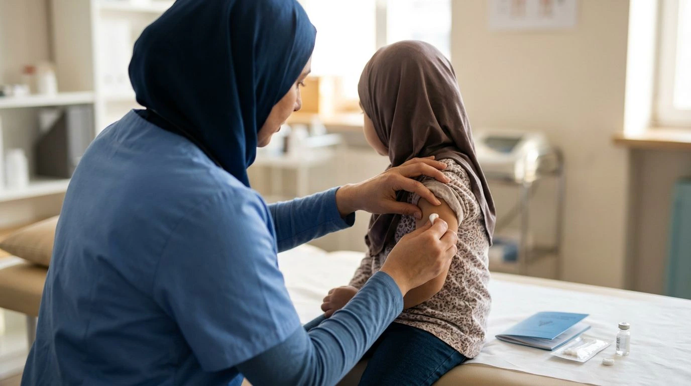 Système de santé en Bosnie : une soignante voilée vaccine une fillette, carnet de santé sur la table