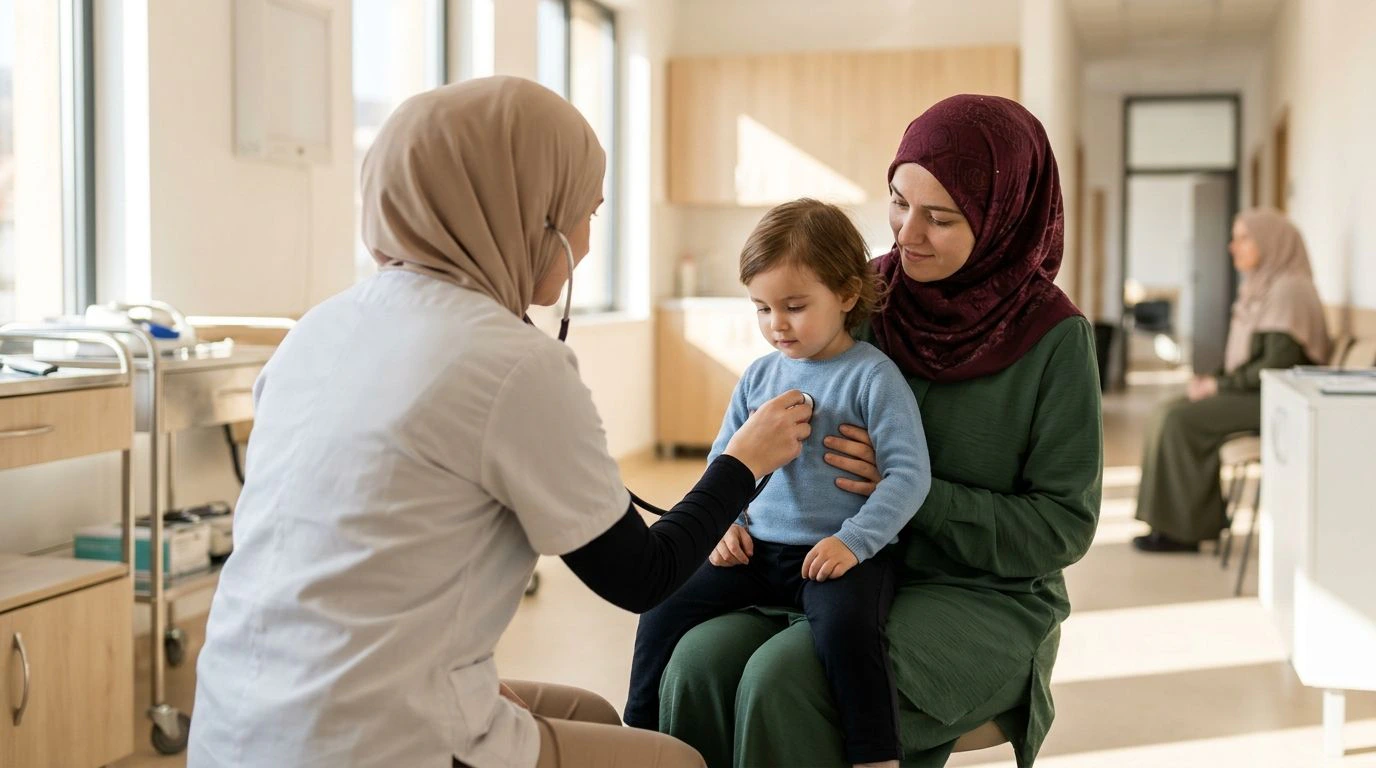 Système de santé en Bosnie : une médecin examine un enfant sur les genoux de sa mère voilée