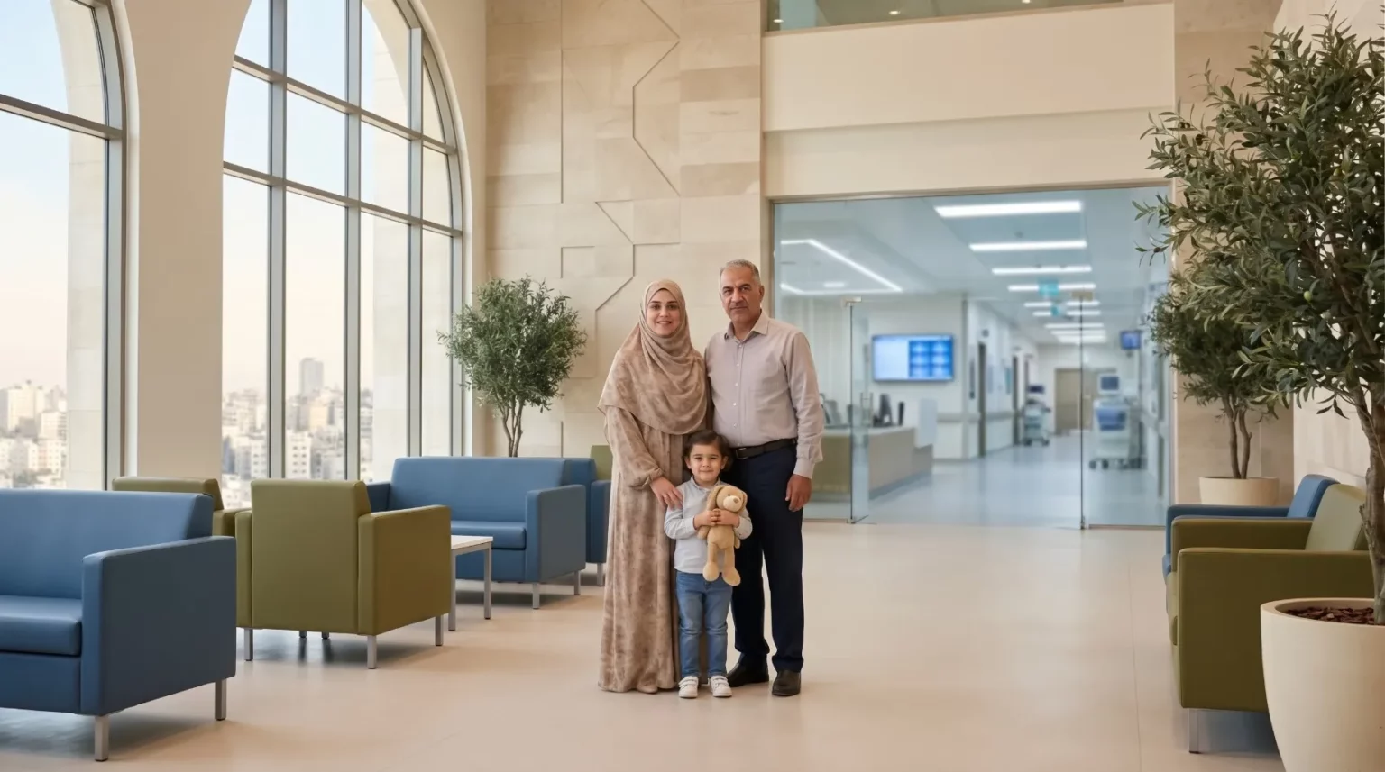 système de santé en Jordanie famille en salle d attente dans une clinique