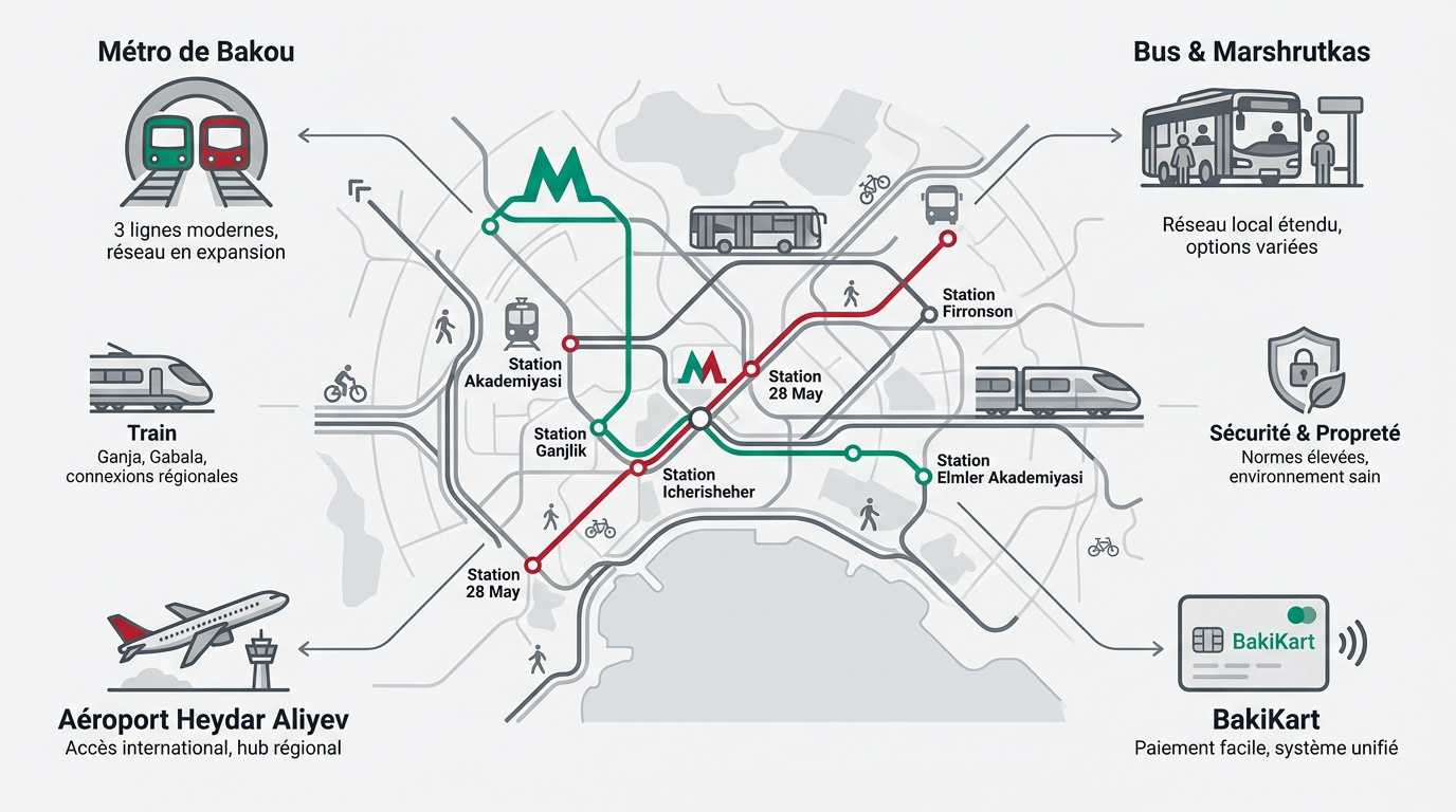 Réseau de transport à Bakou incluant le métro, les bus modernes et les infrastructures ferroviaires en Azerbaïdjan