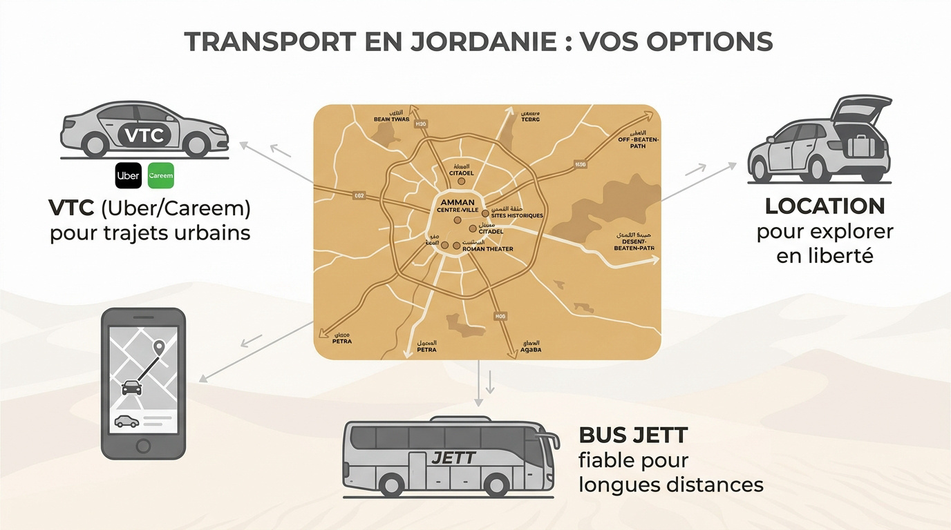Différents modes de transport en Jordanie incluant taxis jaunes et bus