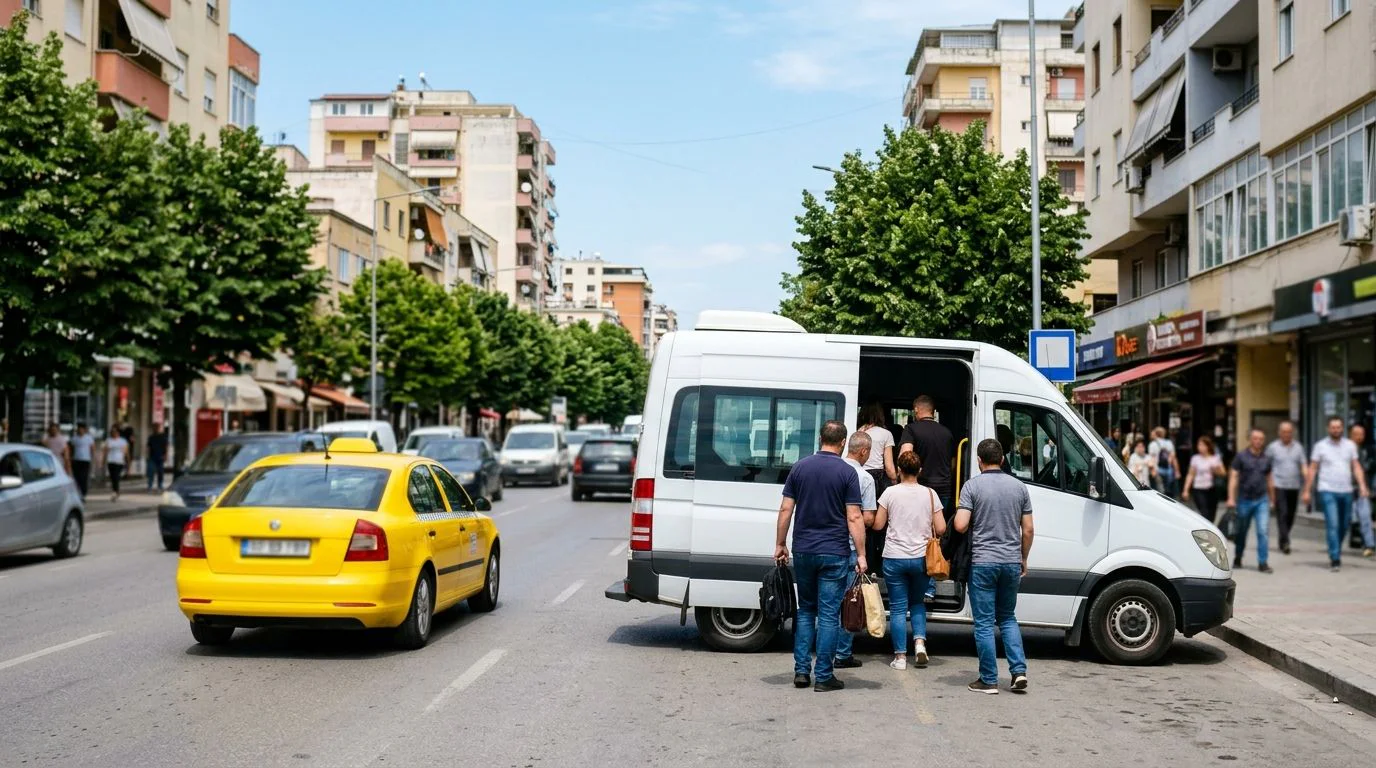 Passagers montant dans un furgon en ville, transport en Albanie